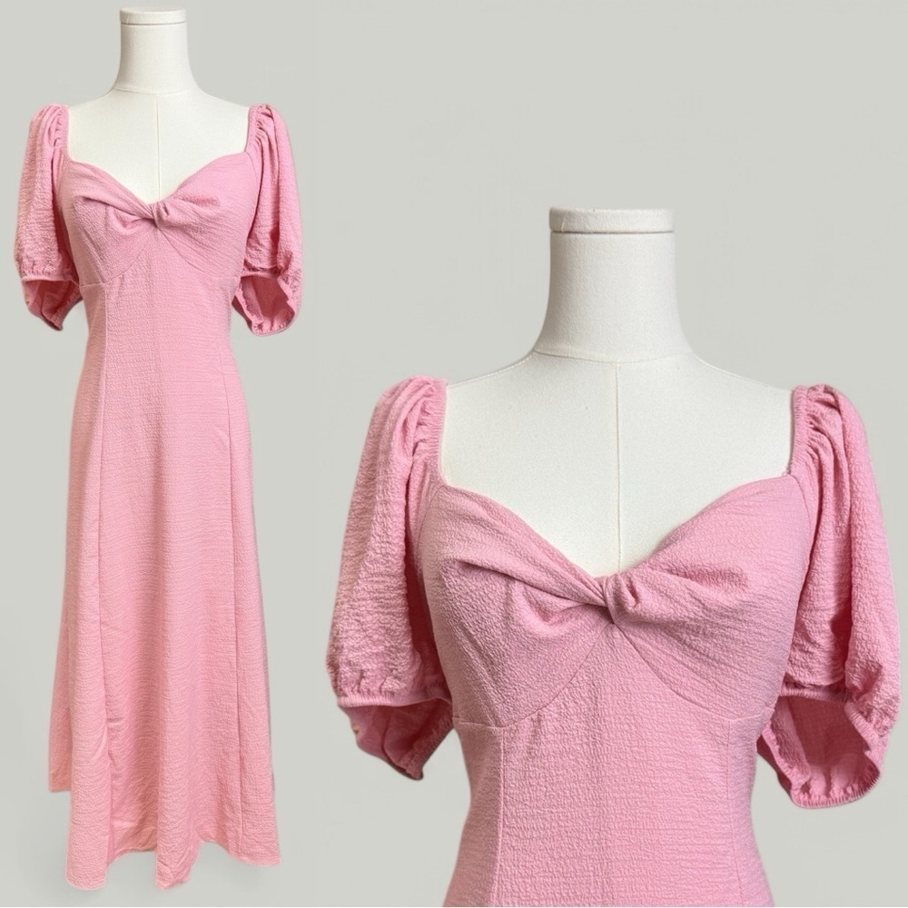 SHEIN MOD Dress Women Size 1X Pastel Pink Midi Sweetheart Puff Short Sleeves
